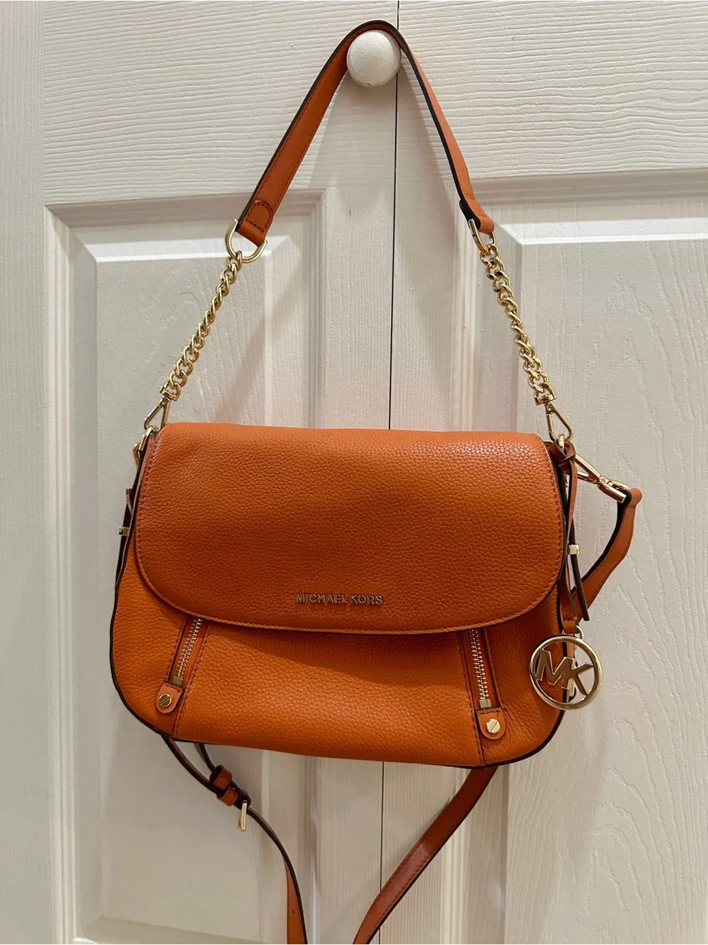Michael Kors Orange Pebbled Leather Chain-Accent Shoulder Bag